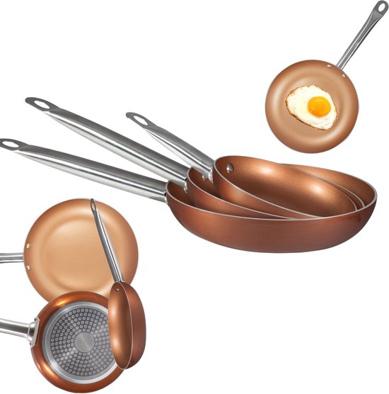 Lomera Koekenpannenset Koper - 3-Delige Pannenset - Gesmeed Aluminium - Non-Stick Coating - Xylan Coating - Inductie Geschikt - Gasfornuis Geschikt - Elektrisch Koken - Keramisch Koken - Halogeen Koken - RVS Handgrepen - Ophangoog