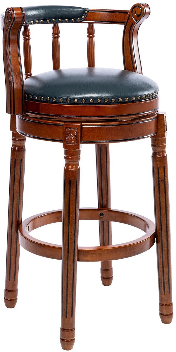 Merax Luxe Houten Barstoel – 360° Draaifunctie – Echt Leren Barstoel met Rugleuning – Comfortabele Barhoogte Kruk voor Keuken – Eetkamer – Bar – Blauw