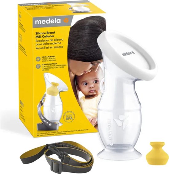 Medela siliconen melkcollector, met nekkoord en gele stopper. Doos met afbeelding van moeder en baby.