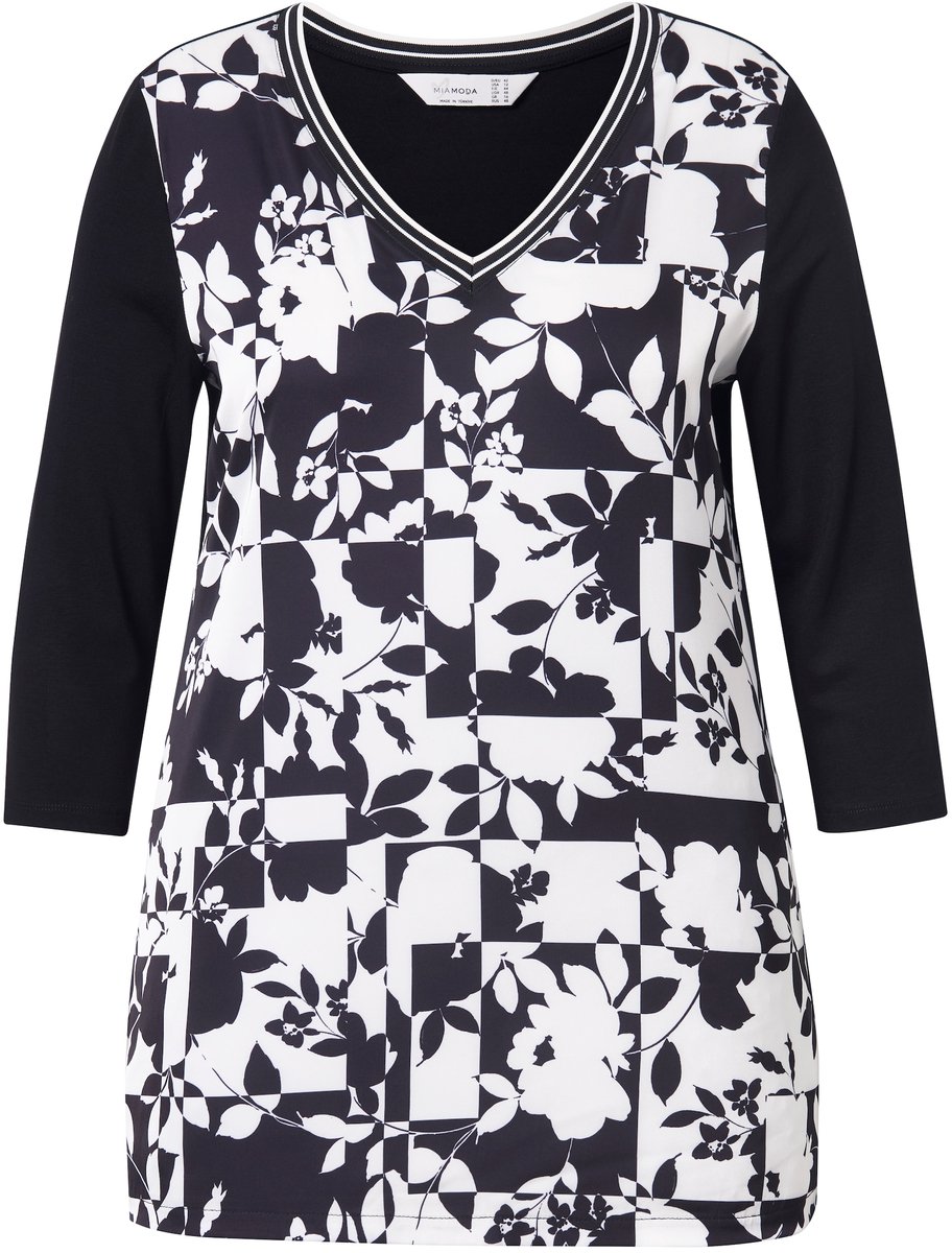 MIAMODA - Dames - Overhemdblouse A-lijn satijn met motief jersey achterpand - Zwart - Maat 58