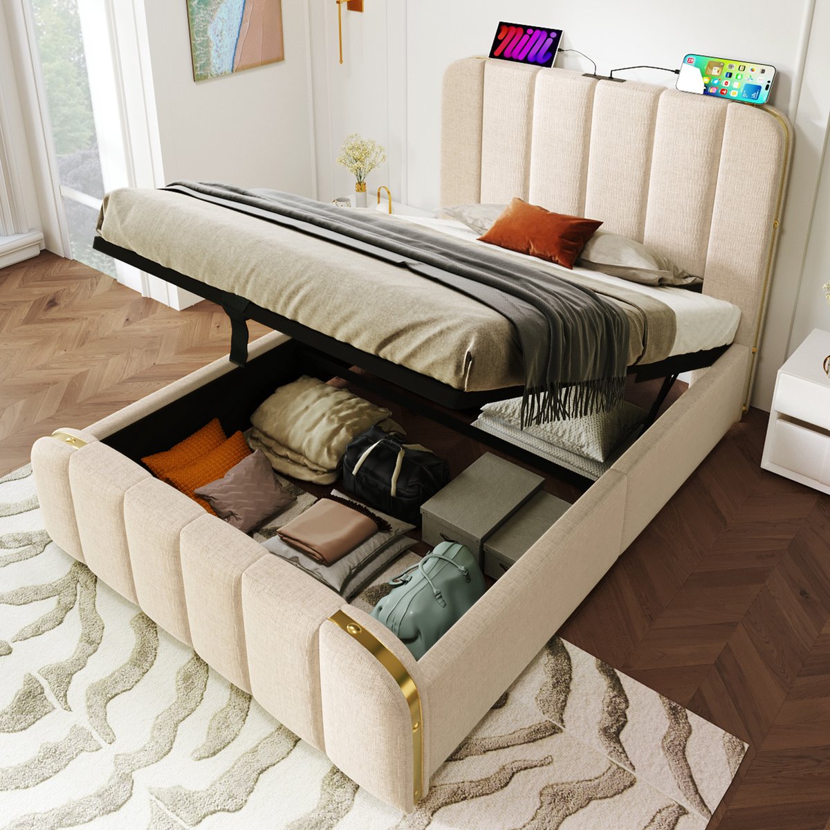 MODFU Beige linnen eenpersoonsbed 90x200 met USB-C, gouden accenten en hydraulische opbergruimte, zonder matras