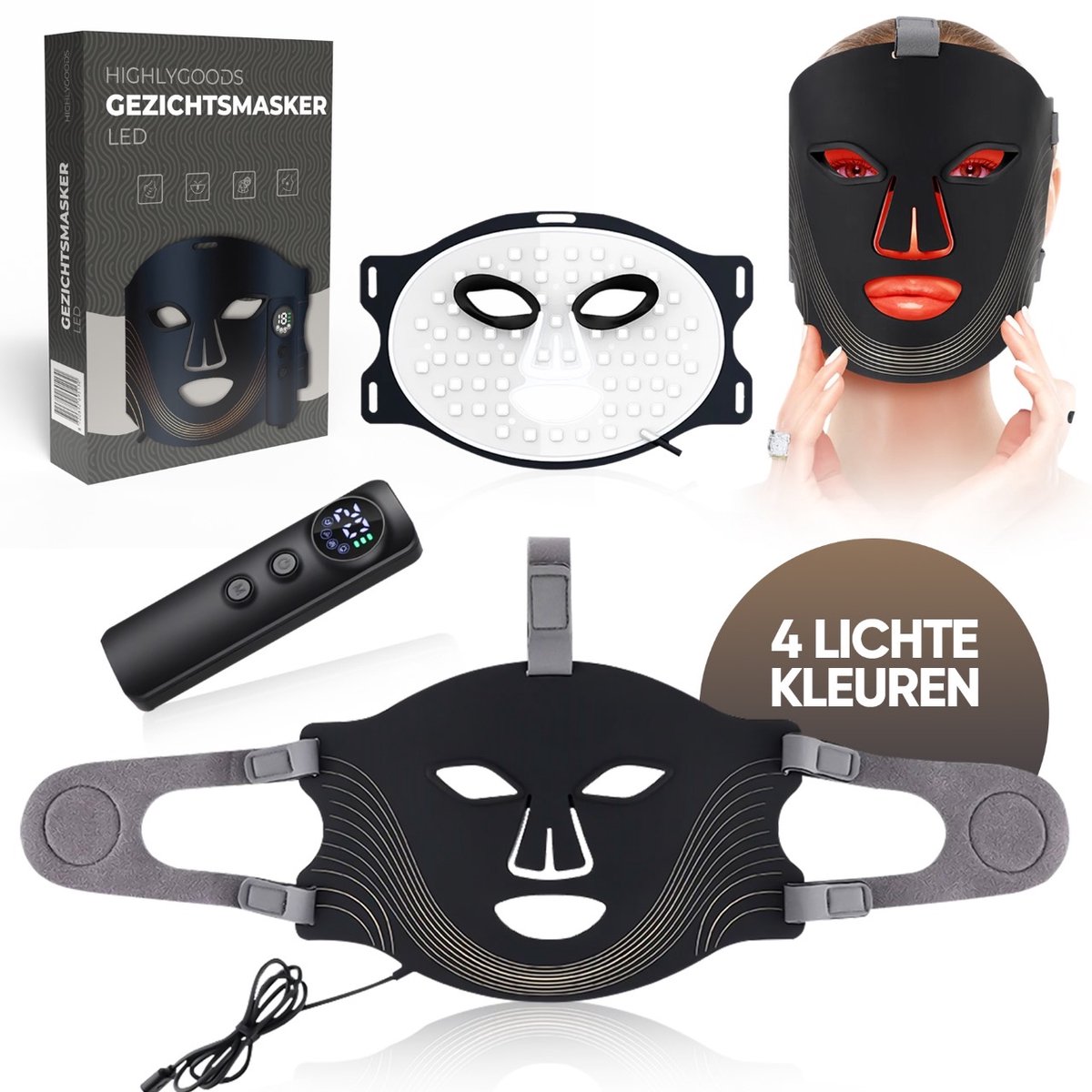 Highlygoods® LED Gezichtsmasker – Lichttherapie Gezicht – Huidverstrakking – Anti-Aging – 4 LED Kleuren – Infrarood Masker