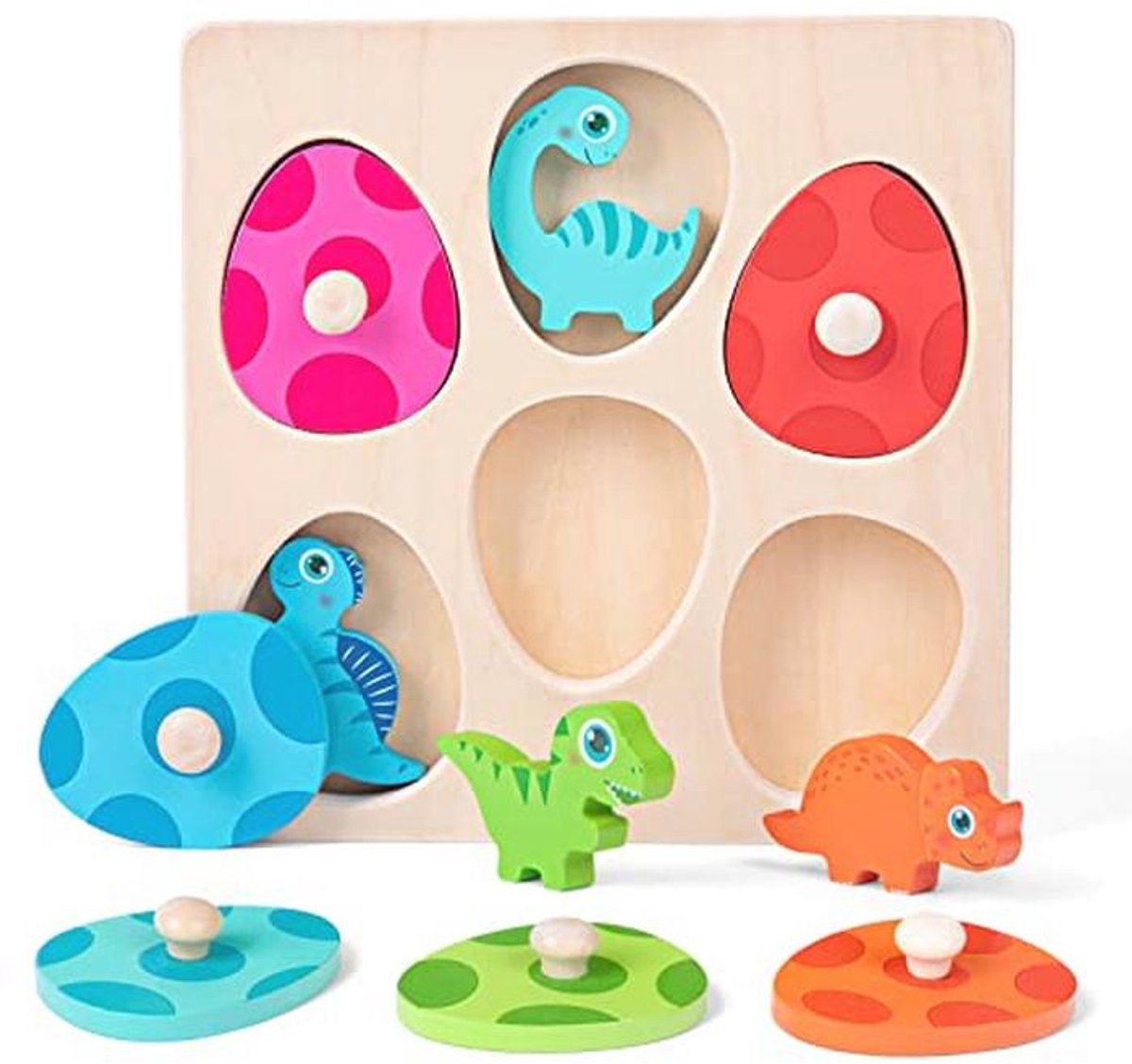 Montessori Houten Puzzel voor Peuters - Dino-Eieren Grijppuzzel