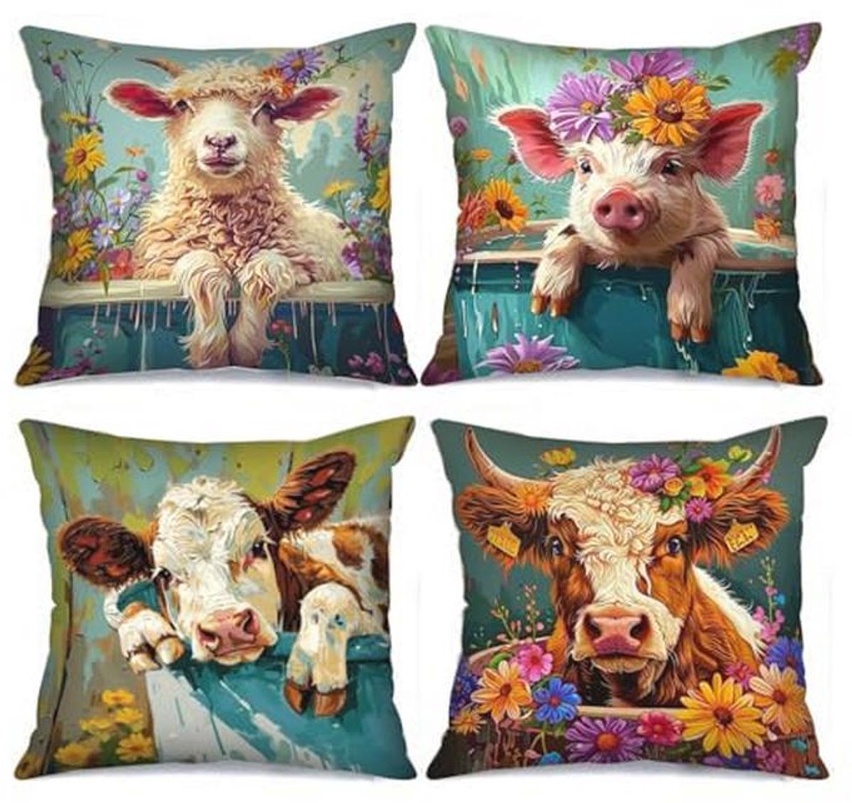 Schattige Dieren Kussenhoezen Set van 4 - Bloemen en Hoepel Decoratief voor Bank 45x45 cm