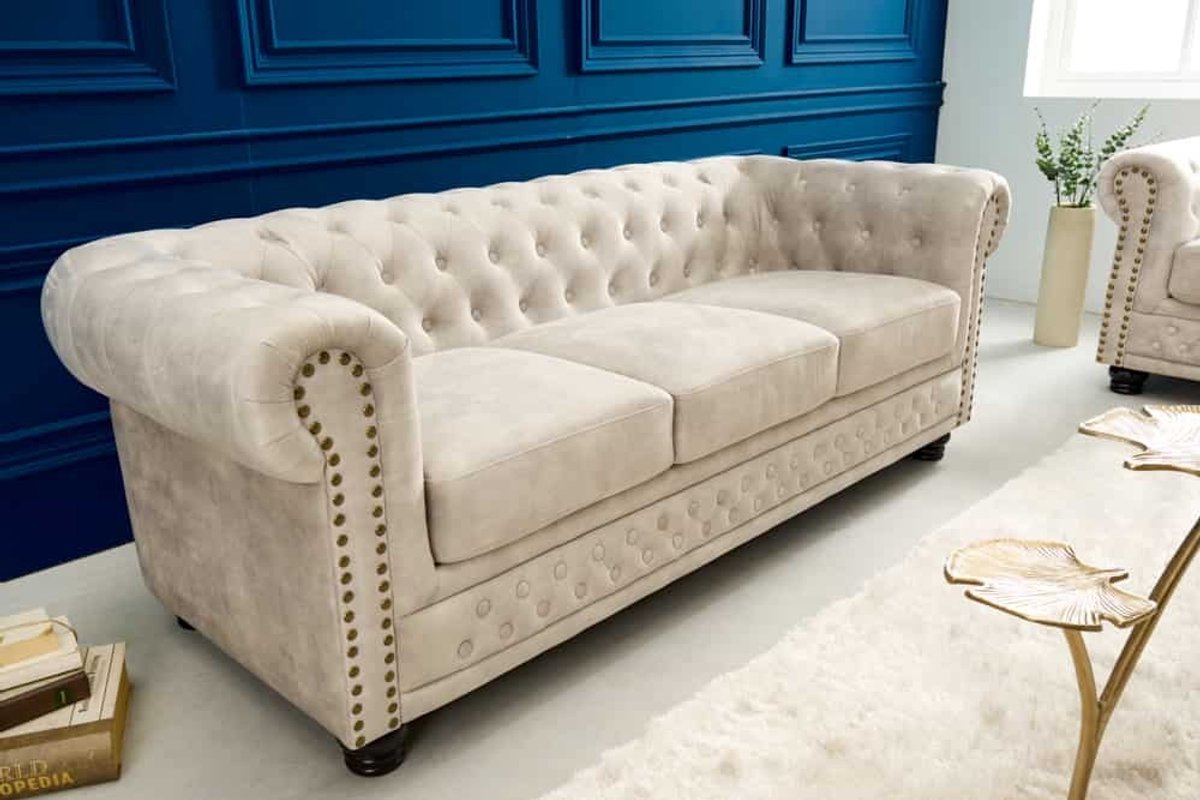 Chesterfield 3-zitsbank 200cm fluweel champagne 3-zits met knoopstiksel en veerkern - 42310