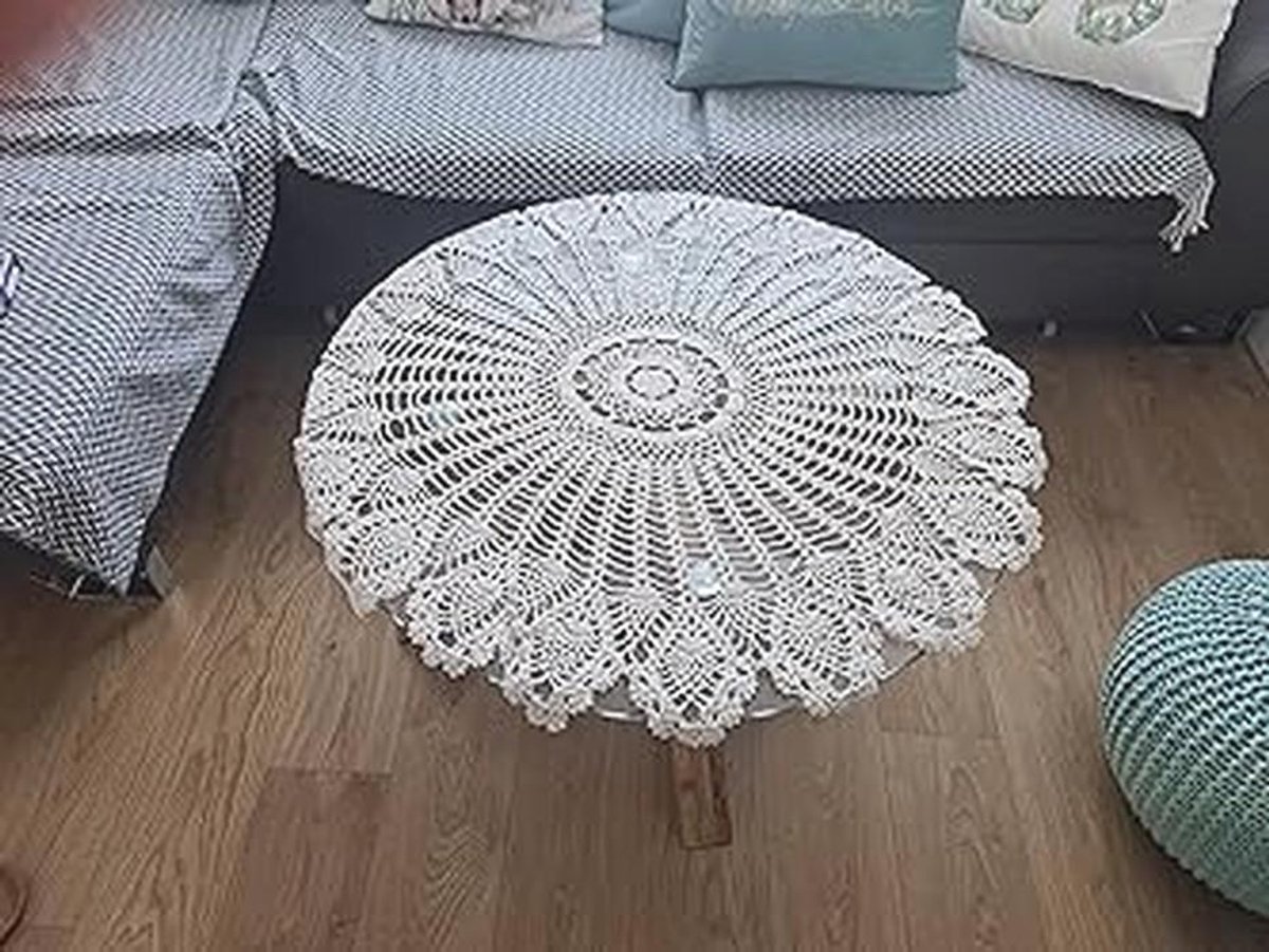 Handgemaakt vintage rond tafelkleed van katoen - 90 cm - Wit