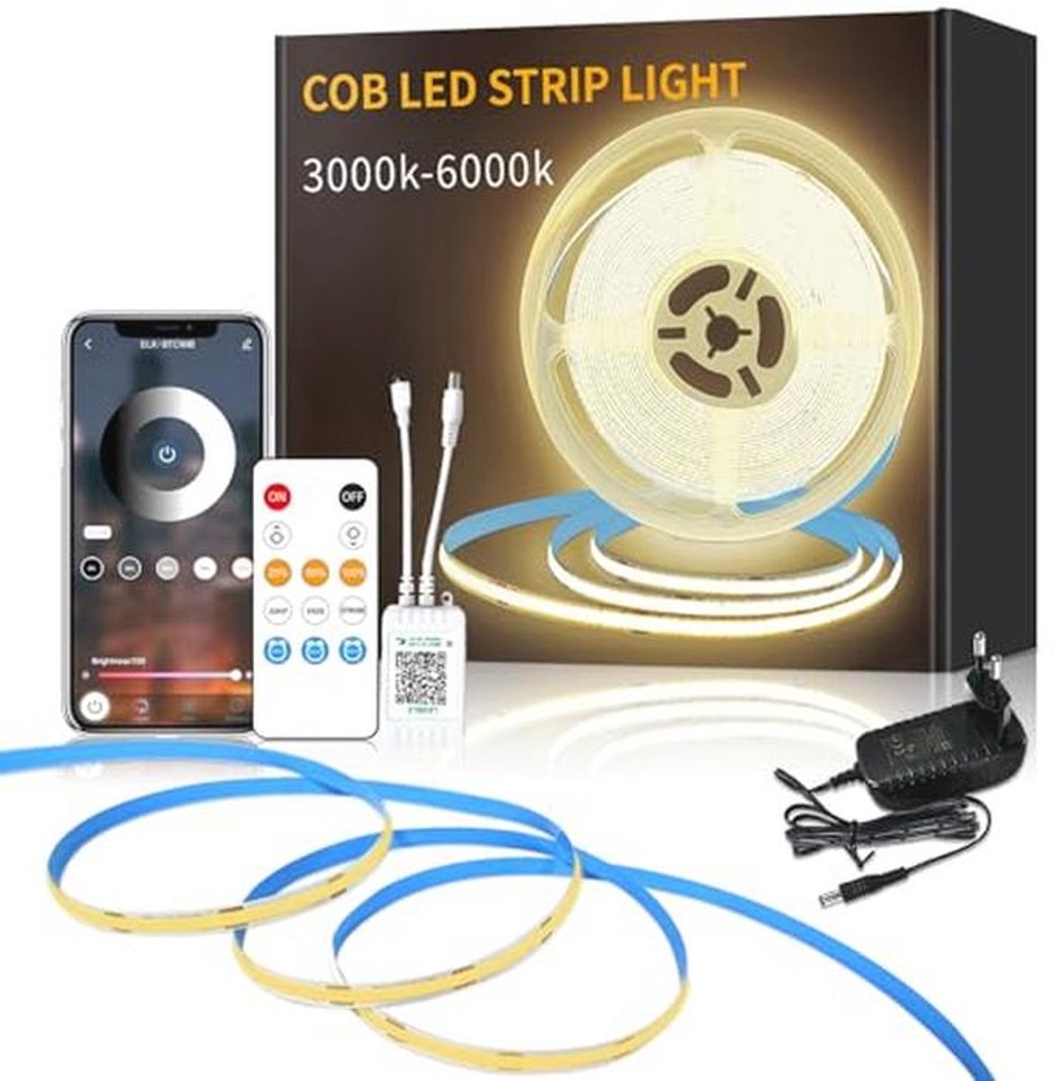 Dimbare 5 m COB-ledstrip met App-besturing - Warmwit, Flexibel en Helder Licht voor Thuis en Feestdecoratie
