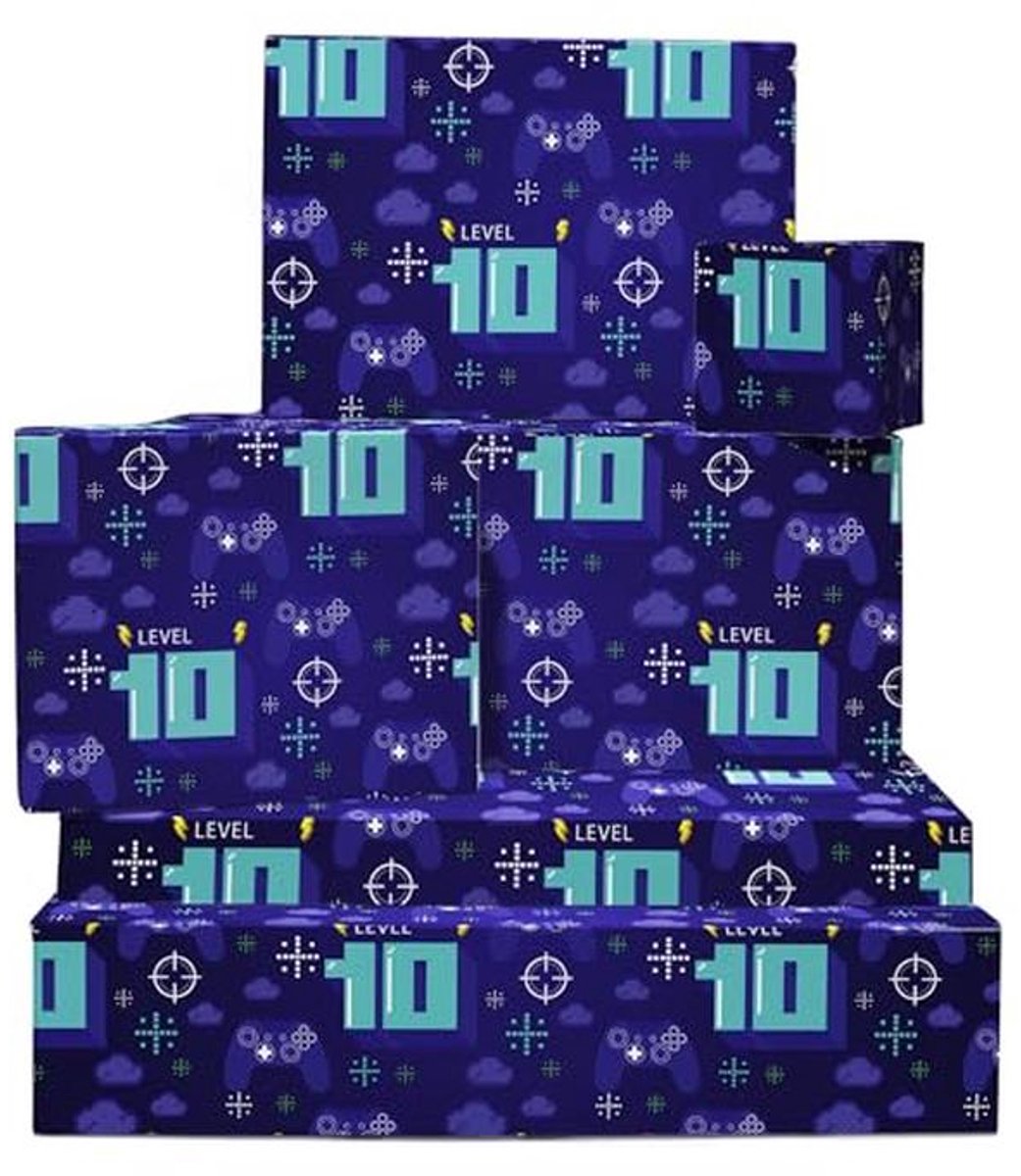 Cadeaupapier voor gamers 10e verjaardag - 6 vellen - recyclebaar - met gratis stickers