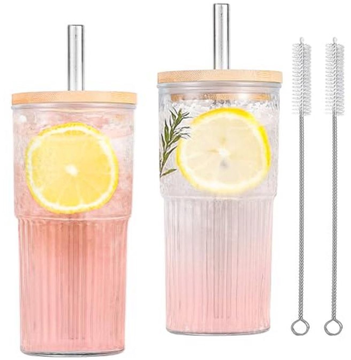 Glazen Drinkbekers met Deksel en Rietje - Set van 2 - 650 ml