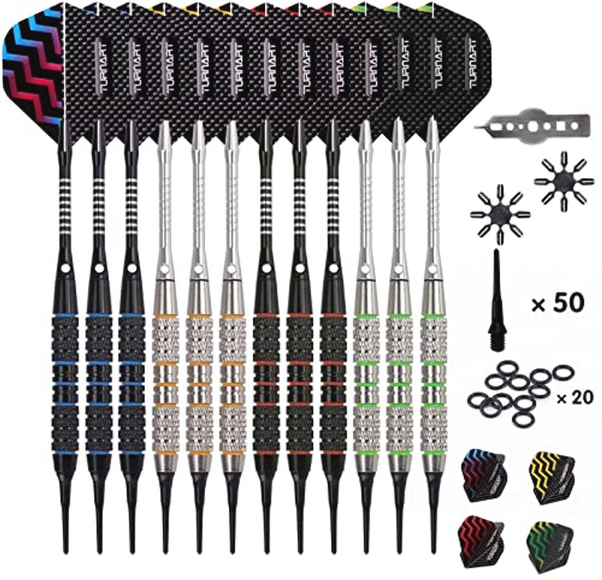 Turnart Dartpijlen met kunststof punt, 12 stuks, 18 gram, met 50 extra dartpunten, 20 rubberen ringen, 24 flights, gereedschapsset voor elektronisch dartbord