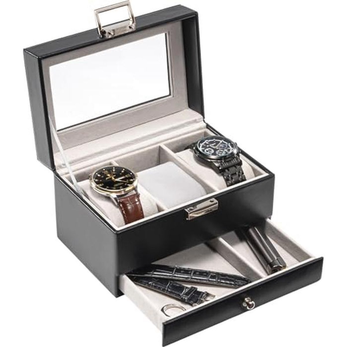 Zwart Horlogedoos voor Mannen met 3 Slots en Lade - Elegante Sieraden- en Horlogehouder Organizer