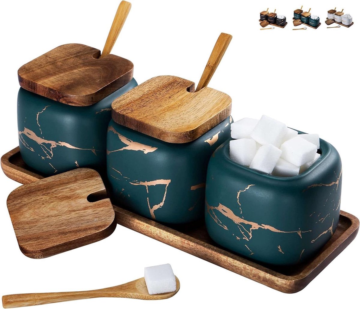 Provento - Keramische Kruidenpotjes Set van 3 Met Bamboe Deksel en Lepel, Groen Marmerpatroon, Voor Huis en Keuken