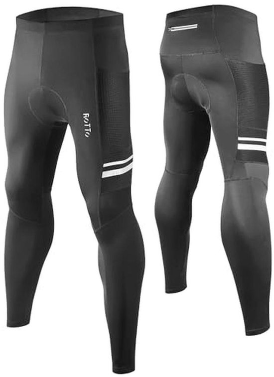 Zwarte lange fietsbroek voor heren, van voren en achteren getoond, met reflecterende accenten.