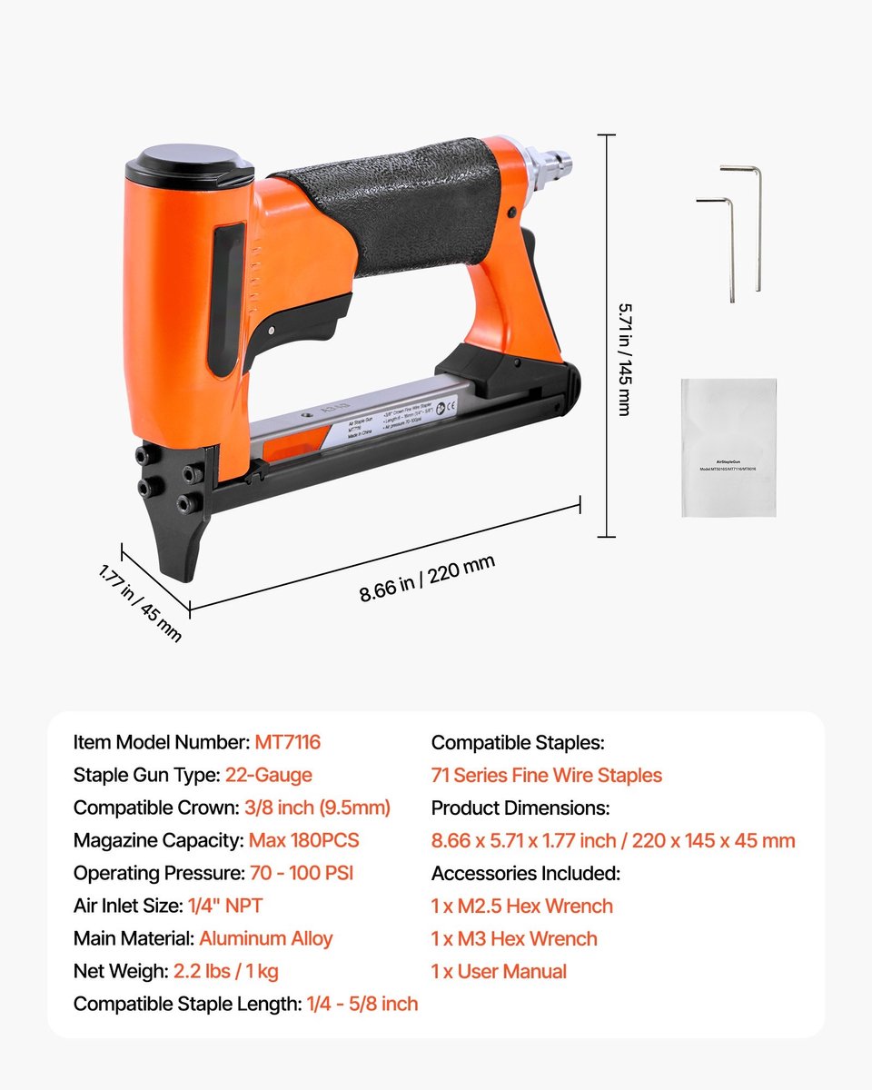 Pneumatische Niettacker - 71-serie Fijndraadtacker - Kroon 9,5 mm - Nietlengte 6-16 mm - Magazijn 180 Stuks - Voor Meubelstoffering & Houtbewerking - Voor Doe-het-zelf