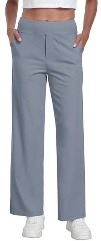 Joligiao Elegante damesbroek met hoge taille, casual broek met zakken, brede pijpen, lange broek, palazzo broek voor business, kantoor, comfortabele broek, elastisch, marineblauw, S