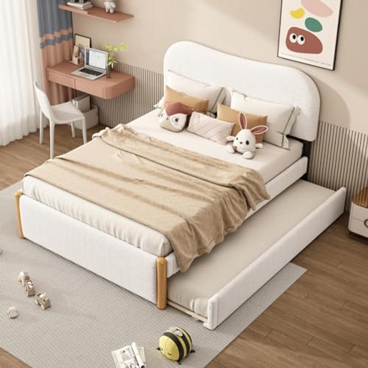Gestoffeerd bed 140 x 200 cm met uitschuifbed voor kinderen en volwassenen