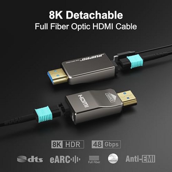 RUIPRO 8K HDMI-kabel van pure glasvezel, afneembaar, 25 m, 48 Gbit/s, ondersteuning 8K 60Hz, 4K 120Hz, dynamische HDR, eARC, compatibel met PS5/Xbox/TV/Blu-ray/Monitor — afbeelding 3