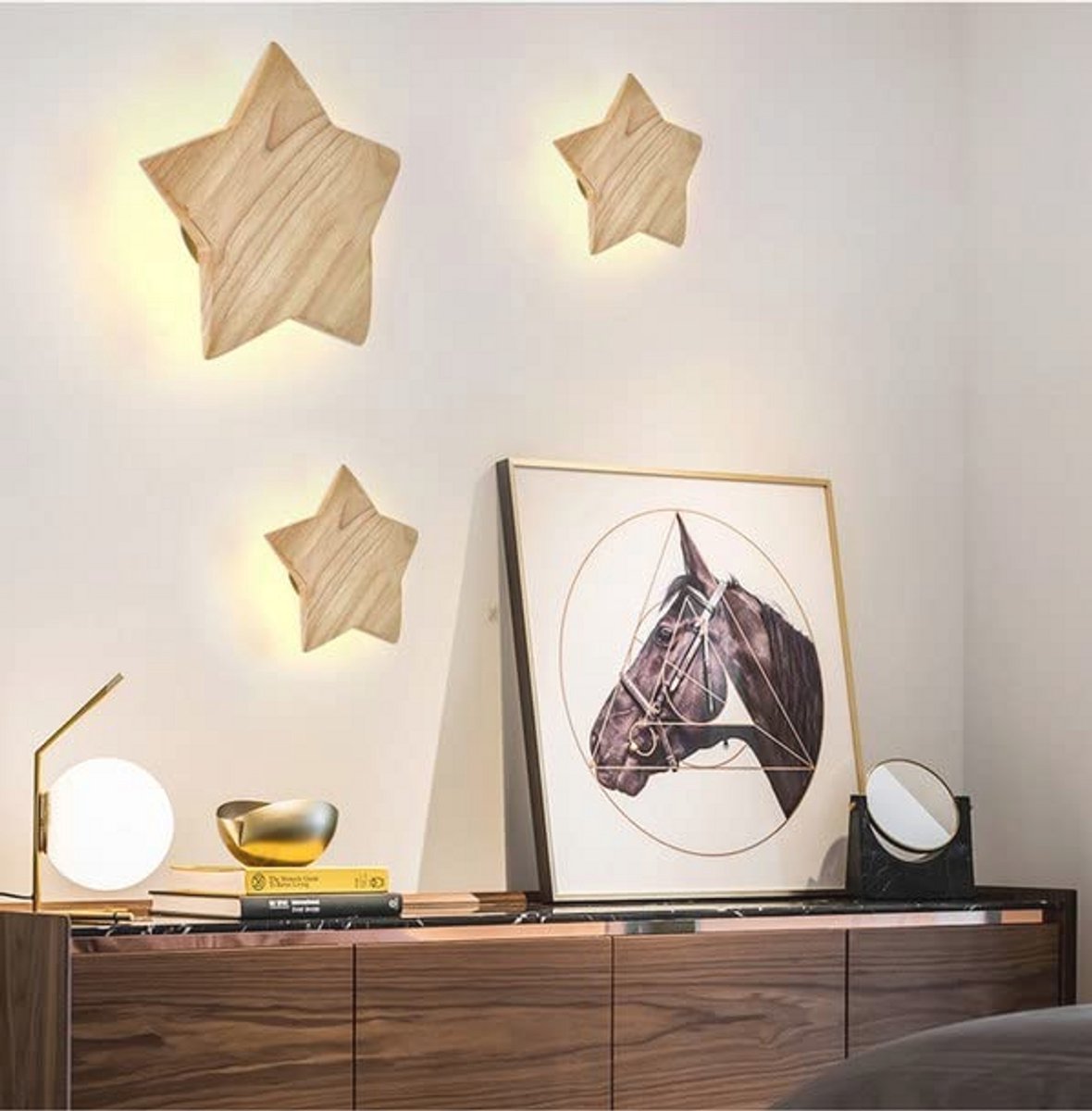 LIGKIN Wandlamp Moderne LED Muurlampen Binnen 15W Creatieve Houten Wandlamp 3000K Warm Licht Ster Nachtlamp Kinderen Slaapkamer Hal Woonkamer, Ø22CM