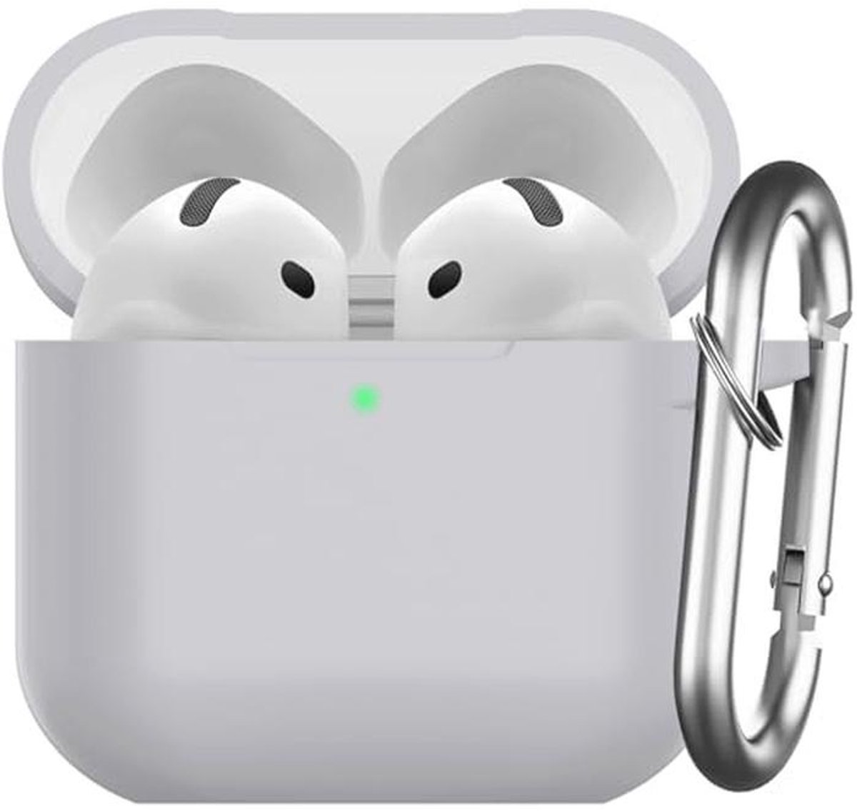 Siliconen Hoes voor AirPods 4 2024 - Bescherming, LED Zichtbaar, Inclusief Karabijnhaak, Grijs