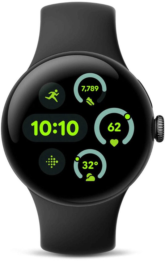 Zwarte Google Pixel Watch met donkergrijs bandje. Het scherm toont 10:10, 7.789 stappen, 62 hartslagen en 32 graden.