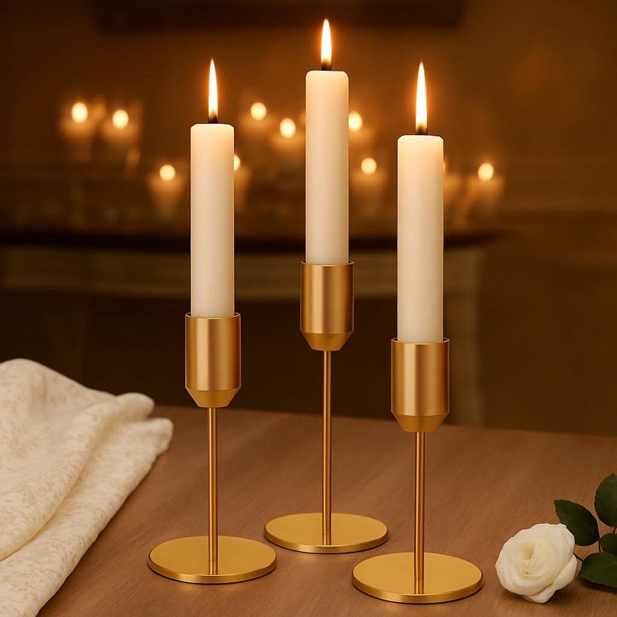 Unyqoos Set van drie gouden metalen kandelaars voor stijlvolle tafeldecoratie