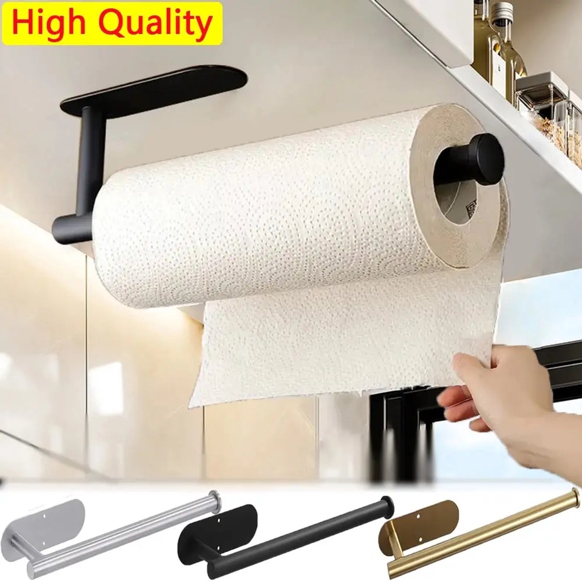 Keuken & Badkamer Papieren Handdoekhouder - Zelfklevende Tissue Hanger van Roestvrij Staal - Twee Montagemethoden (Plakken of Schroeven) - Waterdicht, Roestbestendig & Multifunctioneel - Zwart