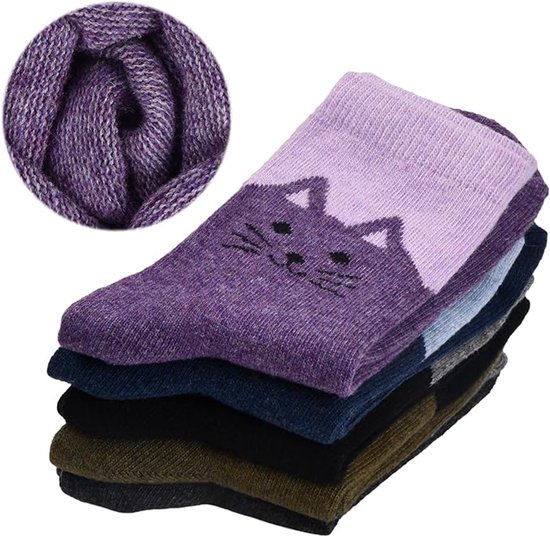 5 paires de chaussettes d'hiver chaudes, tailles 35-38, motif chat, chaussettes en laine douce, convenant aux femmes et aux filles.