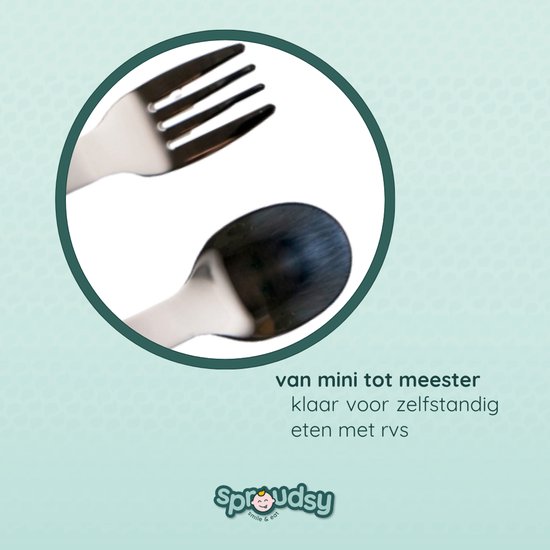 RVS vorkje en lepeltje met ronde, oranje handvatten. Van mini tot meester, klaar voor zelfstandig eten met rvs.