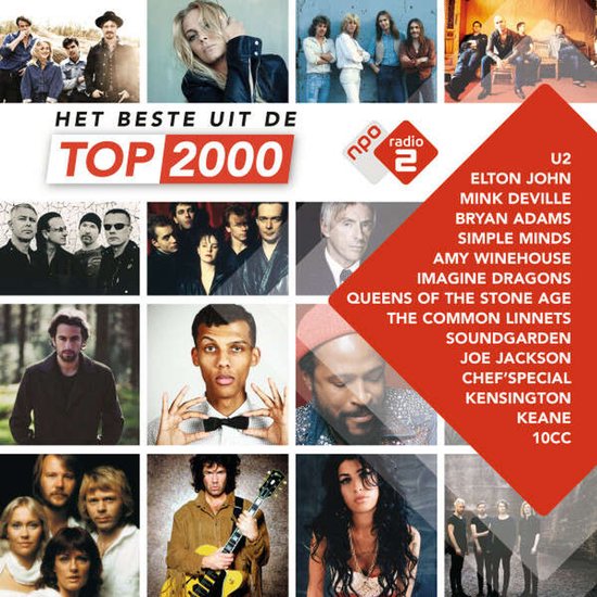 Collage van artiestenfoto's en de titel "HET BESTE UIT DE TOP 2000" met een rode diagonaal.