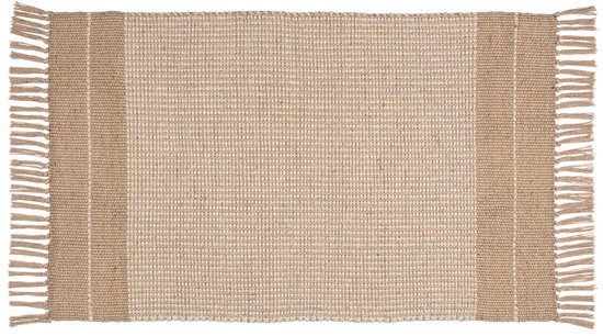 Natuurlijke jute badmat met beige strepen en franjes.