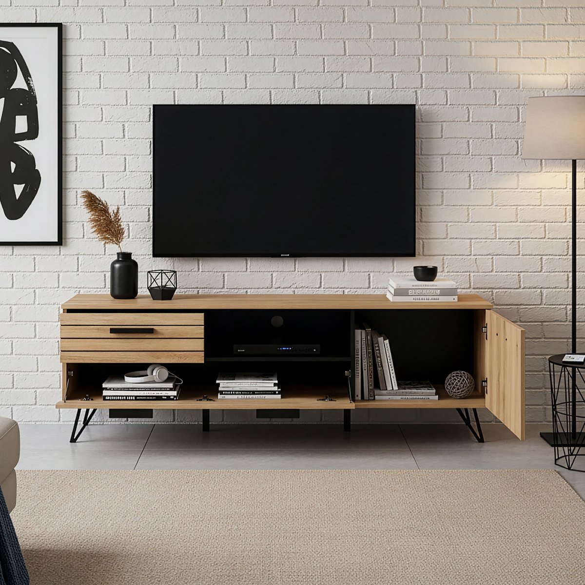 Tv-meubel Noppen 150x38x49 cm eikenkleurig en zwart [en.casa]