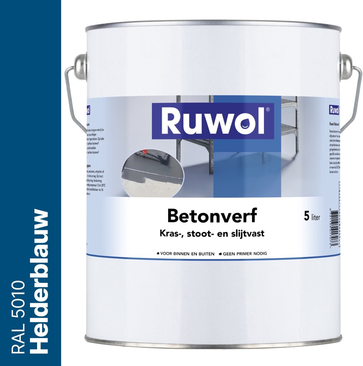 Ruwol Betonverf Helderblauw (RAL 5010) 5 liter - Voor binnen en buiten - Alle kleuren - Kras-, stoot- en slijtvaste verf voor beton en steen - Betonverf voor buiten