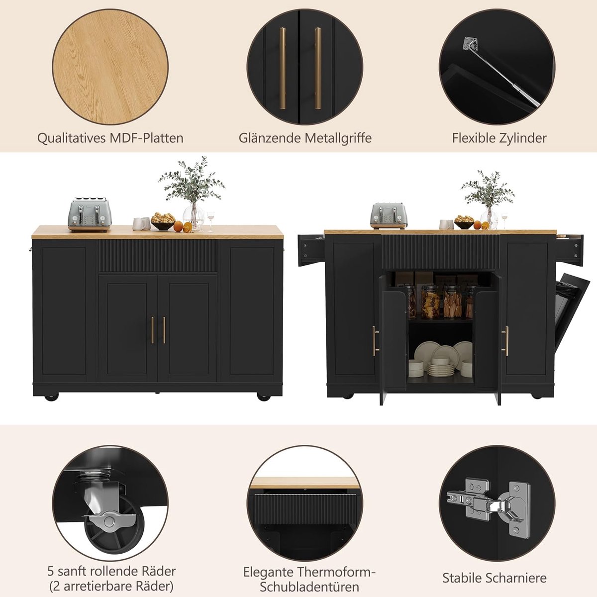 Luxe Mobiel Keukeneiland met Afvalbakcompartiment, 3 Lades, 2 Deuren & Verstelbare Planken – Zwart Houten Keukentrolley op Wielen 120x50x92 cm