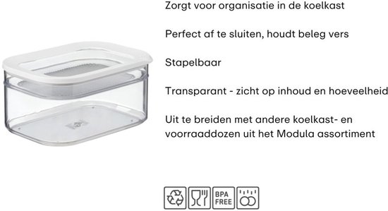 Transparante Mepal bewaardoos met witte deksel, met verhoging voor inhoud, met tekst over organisatie.
