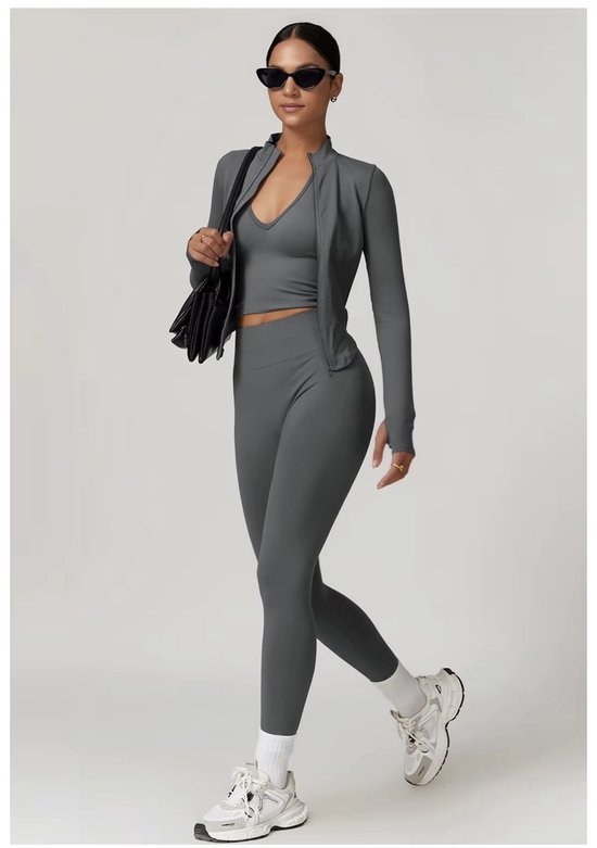 Luna Muse Gym Set - Taille XL - Grijs - Ensemble à 3 pièces : Haltertop + Jacket + Highwaisted legging - Charcoal Grey - Gris foncé - Ensemble de sport sans coutures pour femmes