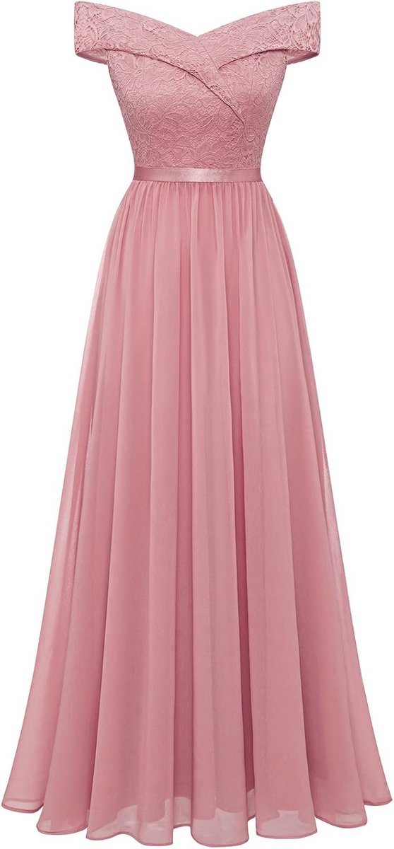 Kanten jurk dames off-schouder chiffon knielang bruidsmeisje avondjurk cocktail