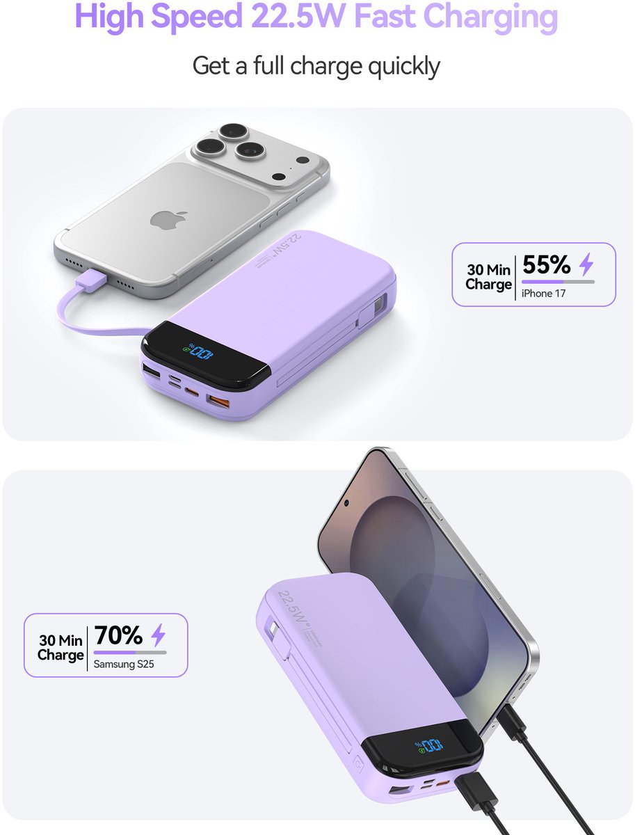 Sounix Powerbank 30.000 mAh Paars met Snellader 22.5W - afbeelding 2