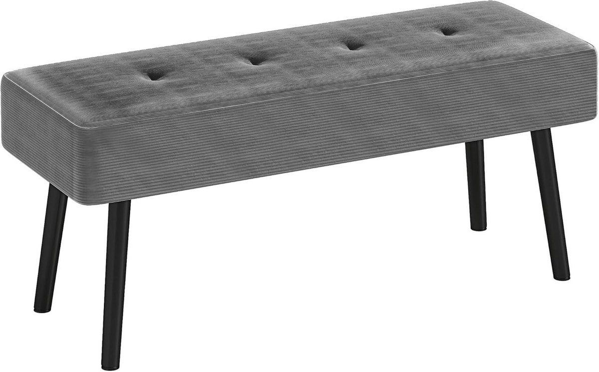 Grijze eind-bank corduroy, dik gevoerd, stalen poten, 100x36x45cm, retro venbank