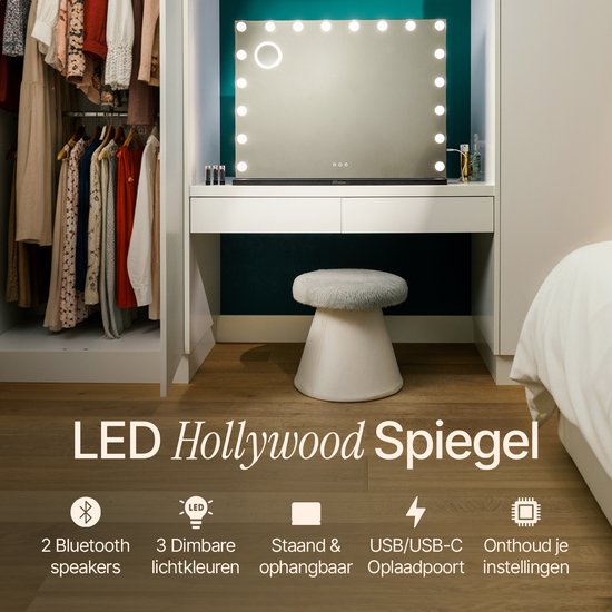 Mirlux Hollywood Spiegel 80x60CM - 2 Bluetooth Speakers - USB & USB-C Oplaadpoorten - LED Verlichting - Make Up Spiegels - 10x Zoom - Zwart