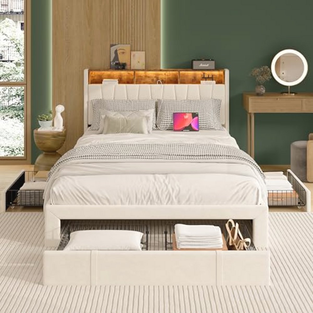 Tweepersoonsbed 160 x 200 cm met LED Verlichting en USB Type C Oplaadfunctie - Bed met 4 Laden, Rugleuning, Beddenset en Opbergruimte