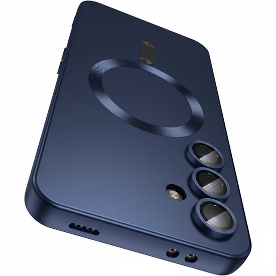 Coque de téléphone bleu foncé avec anneau MagSafe et découpes de caméra renforcées, vue de dos.
