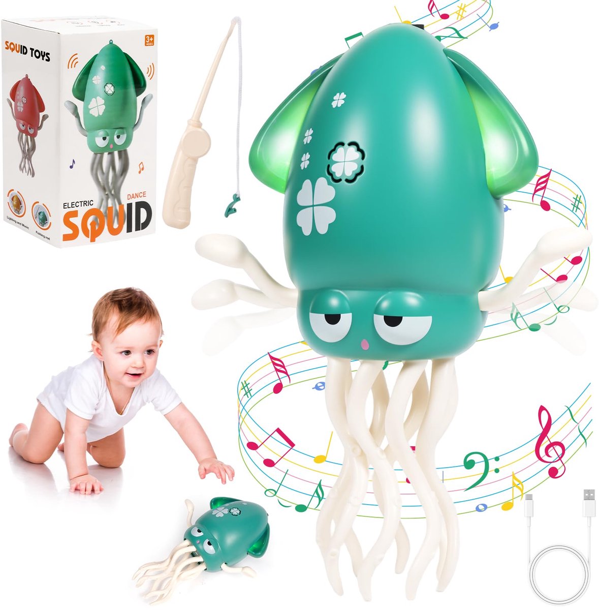 Kraftverdia -Babyspeelgoed - Dansende octopus - Speelgoed - Oplaadbare Magische Dansende Muziekinktvis - Geschikt voor kinderen van 3, 4, 5 en 6 jaar - Sensorisch Lnteractief Speelgoed - Geschikt als verjaardagscadeau voor jongens en meisjes -Groente