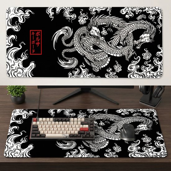 Grote Muismat 80x30 | Gaming Muismat | Zwart en wit | XXL | Antislip | Desktop Mat | Computer Mat | Draak