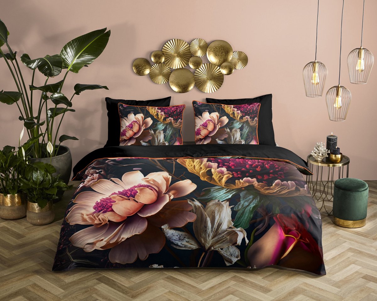 Descanso dekbedovertrek bloemen - 2 persoons 200x200/220 cm - Antraciet - 100% Katoen satijn