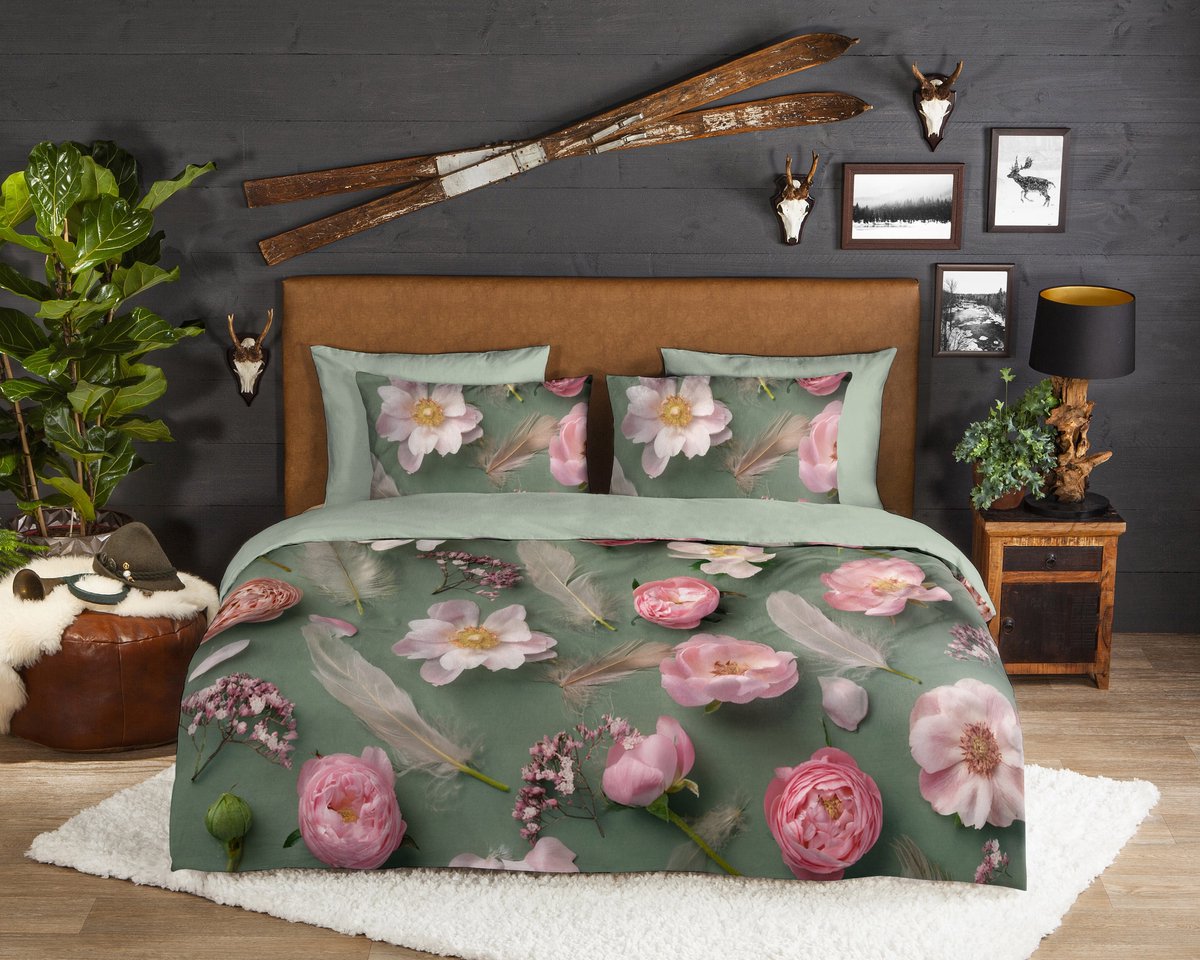 Good Morning dekbedovertrek bloemen - Lits jumeaux 240x200/220 cm - Groen - 100% Katoen flanel