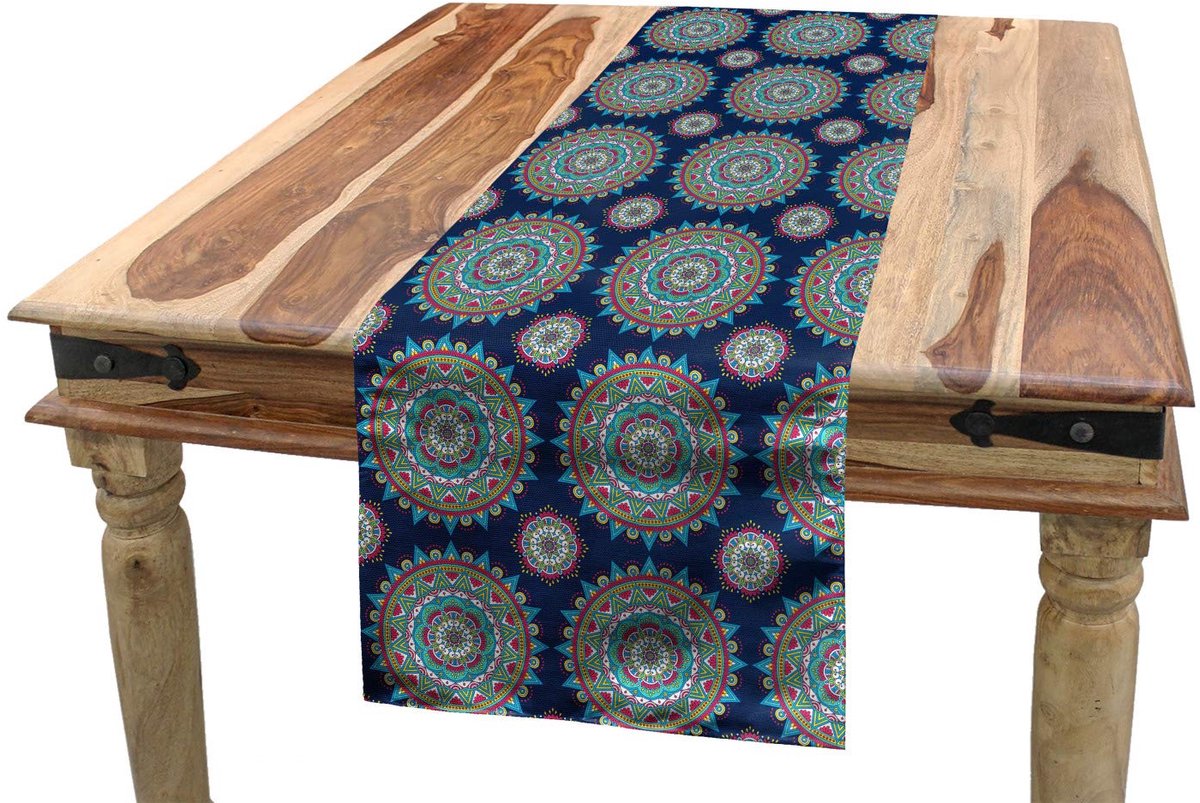 ABAKUHAUS Mandala tafelrunner – Spirituele Flora – 40x180 cm – Donkerblauw