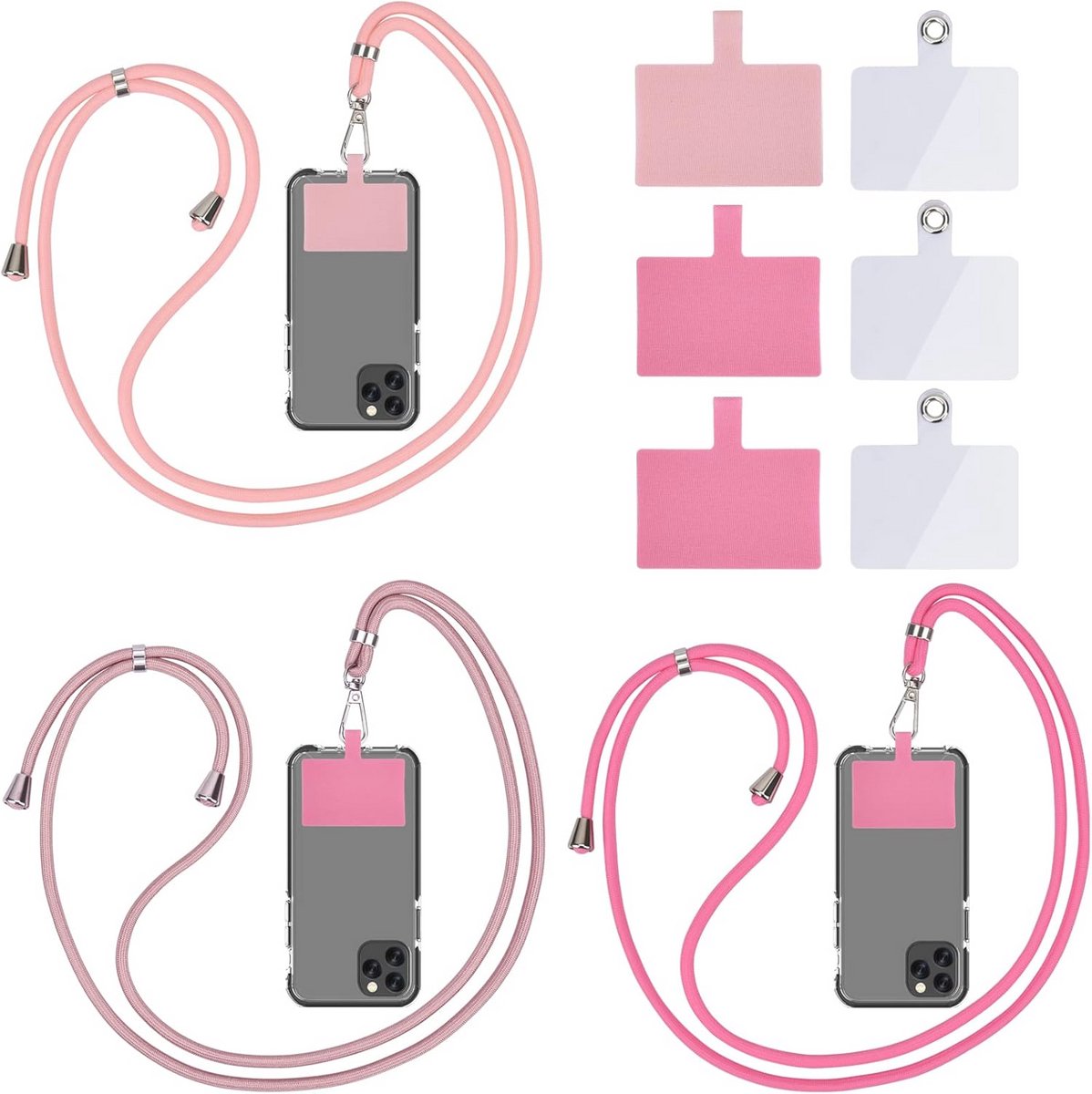 Universele Mobiele Telefoonketting voor Smartphones - Telefoonkoord met Karabijnhaak, Set van 3 Stuks in Roze, Roségoud en Rosé