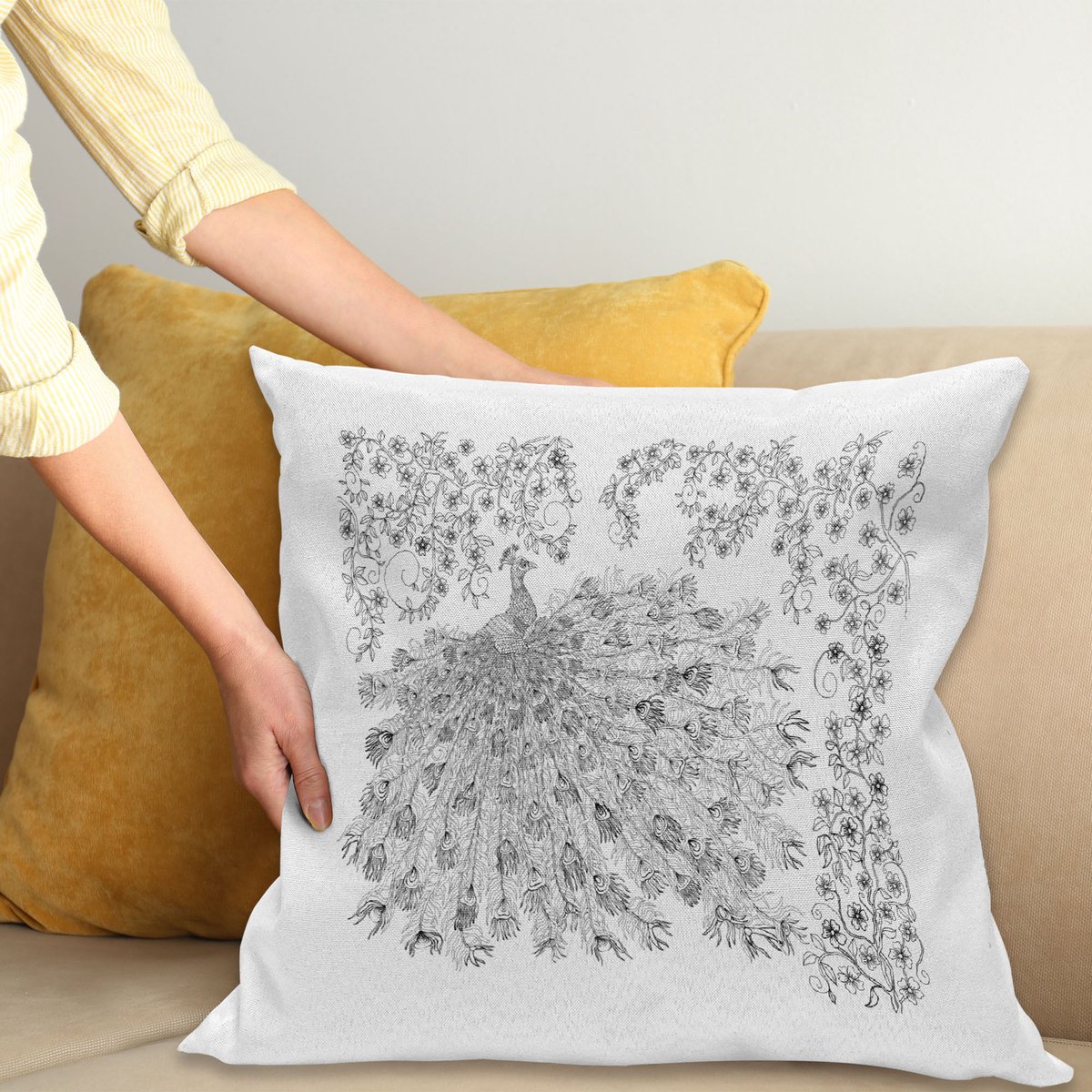 ABAKUHAUS Pauw Kussenhoes – Decoratief 40x40 cm – Dubbelzijdig bedrukt, rits – Antraciet/Wit Antracietgrijs Wit