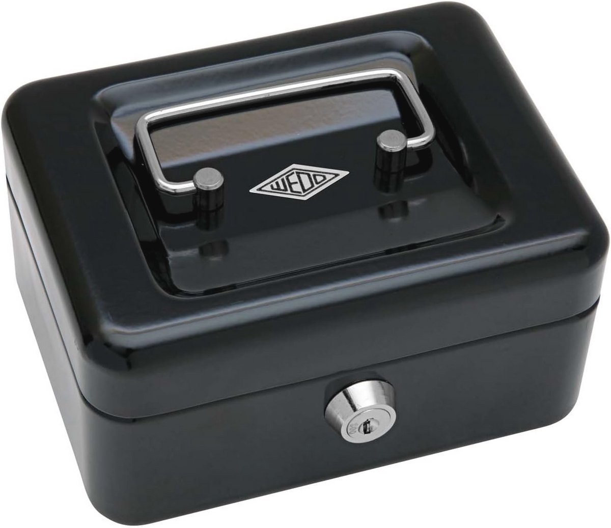 Geldcassette van gepoedercoat staal met intrekbare handgreep en veiligheidslot - 4 vakken voor munten - 15,2 x 11,5 x 8,0 cm - zwart