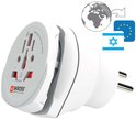 Witte Skross reisadapter met wereldstekker, Israëlische en EU-stekkers. Werkt niet met voltage.